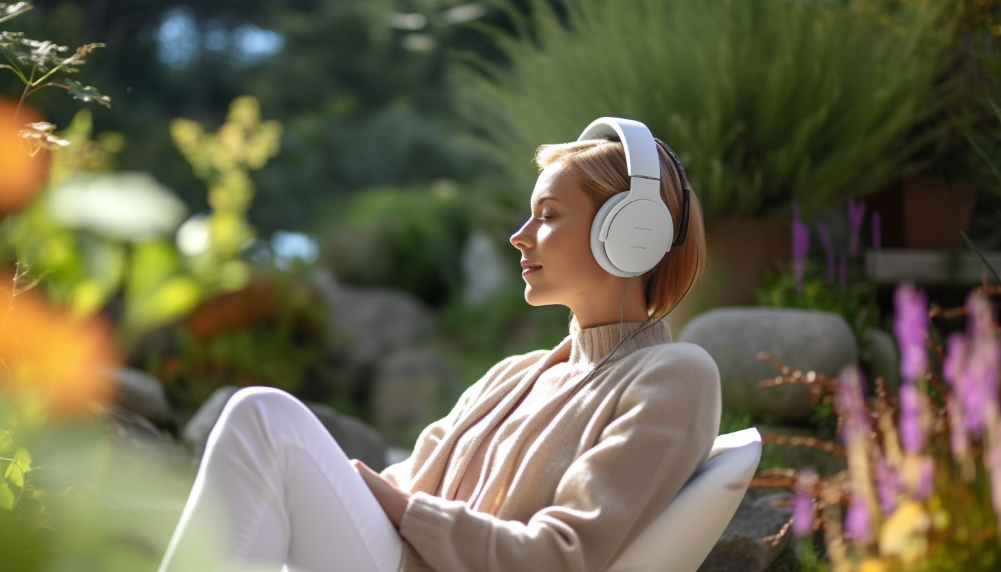 Un jeune femme avec un casque high-tech qui écoute de la musique subliminal avec des ondes alpha pour arrêter de fumer. Suite à l'écoute de cette musique, toute la fumée emmagasiner dans son corps, est rejetée et sort de sa tête.