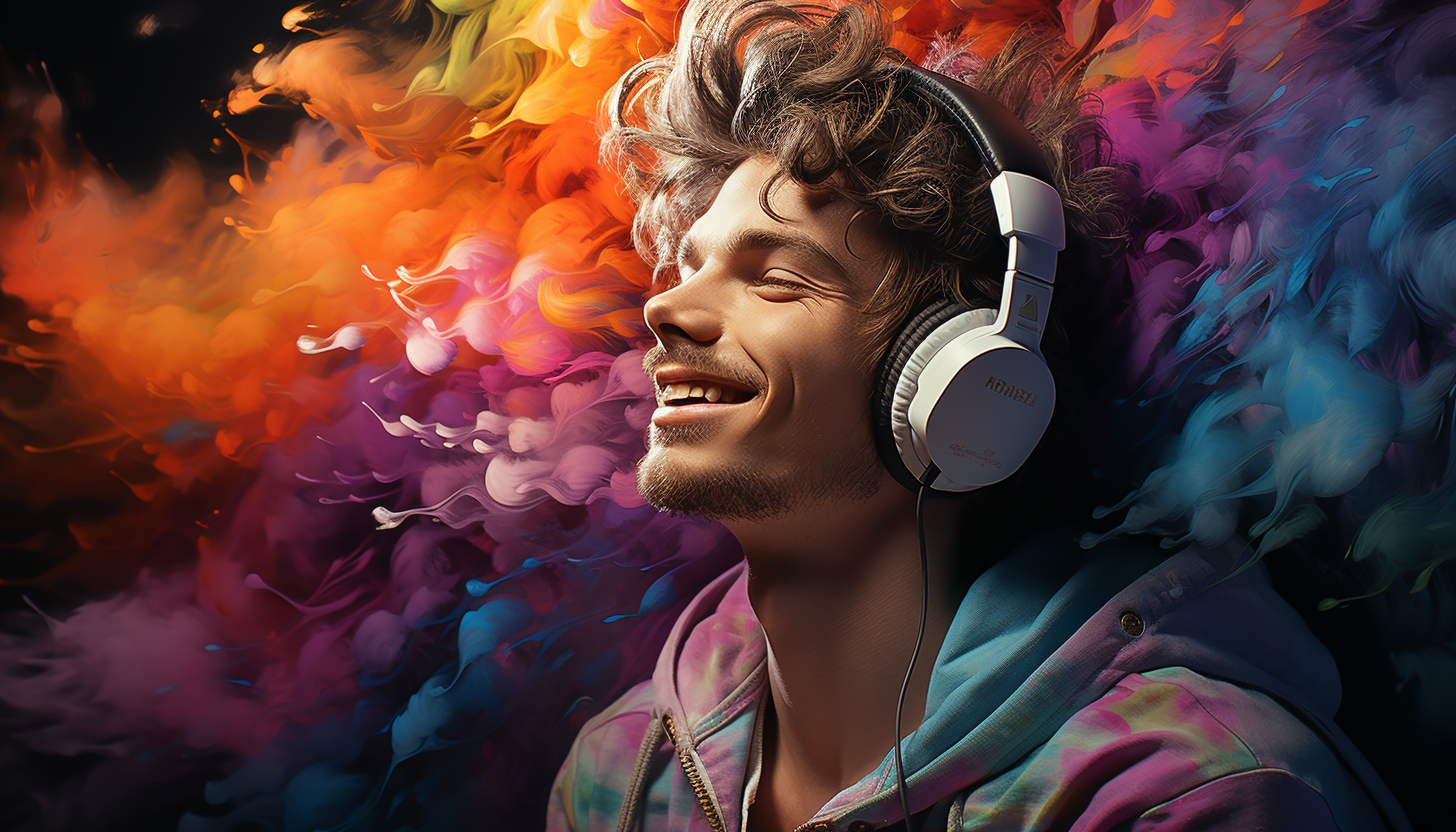 Jeune homme, avec un casque, écoutant de la musique pour arrêter de fumer de la fumée, sort de sa tête, illustrant les effets de la musique subliminal pour arrêter de fumer